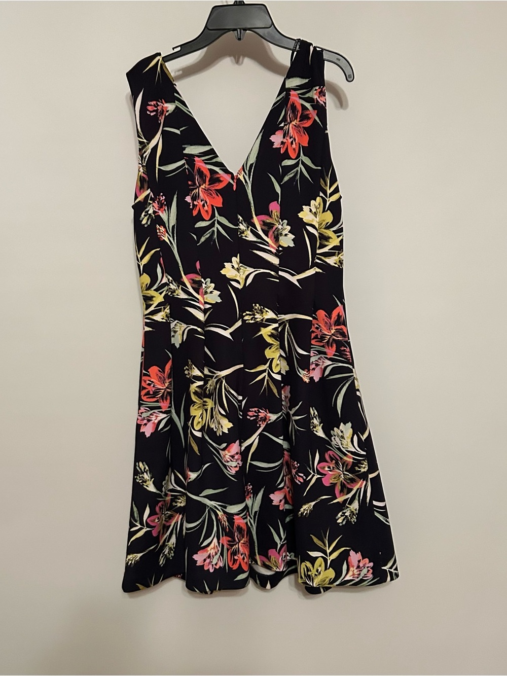 Vince Camuto Black Floral V-Neck Mini Dress with Pink & Yellow Blooms